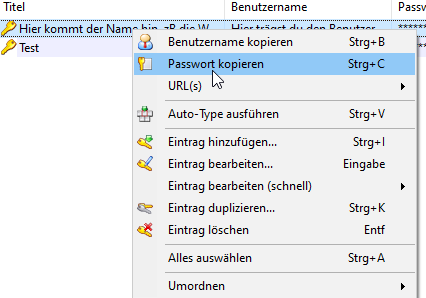 KeePass Anleitung Passwort kopieren
